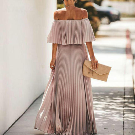 Women's Summer Maxi Dresses Casual Ruffle Off The Shoulder Sleeveless Pleated Long Dress