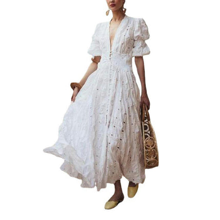 Women's V Neck Button Down Floral Lace Maxi Dress Casual Short Sleeve Boho Flowy Dresses