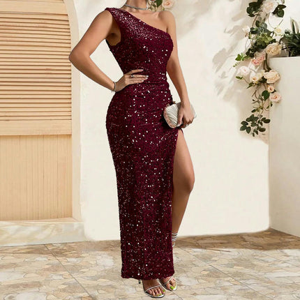 Women's Sequin Maxi Dress One Shoulder Sleeveless Split Bodycon Dresses