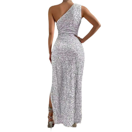 Women's Sequin Maxi Dress One Shoulder Sleeveless Split Bodycon Dresses