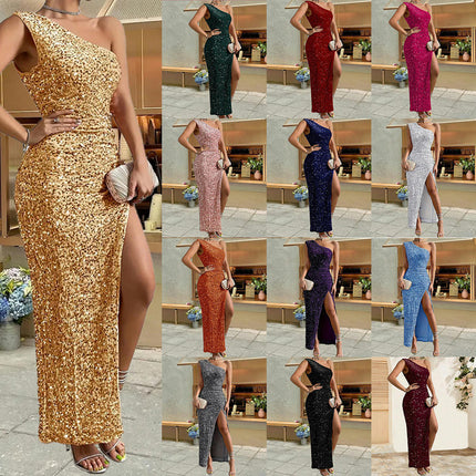 Women's Sequin Maxi Dress One Shoulder Sleeveless Split Bodycon Dresses