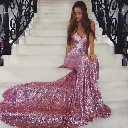 Women Spaghetti Straps Sequin Prom Dresses V Neck Mermaid Evening Gown Sparkly Dress