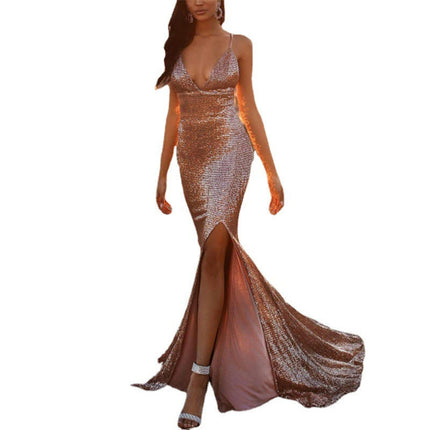 Sequin Mermaid Prom Dresses Sparkly Deep V Neck Spaghetti Straps Split Party Evening Gowns