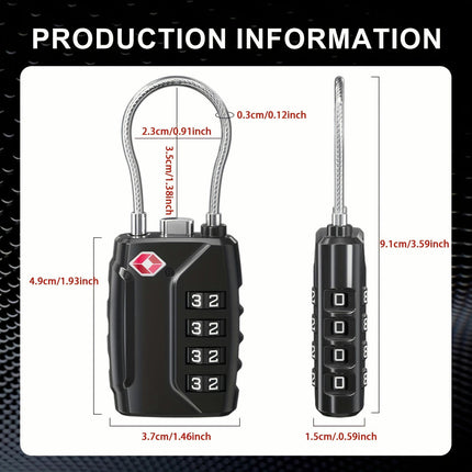 Cable Locks with Re-Settable Combination And Alloy Body - Suitable for Luggage, School Lockers