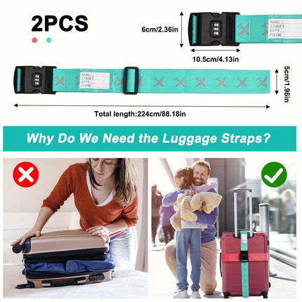 2pcs Adjustable Luggage Straps with TSA Approved Lock and Password, Anti-Theft Suitcase Belts