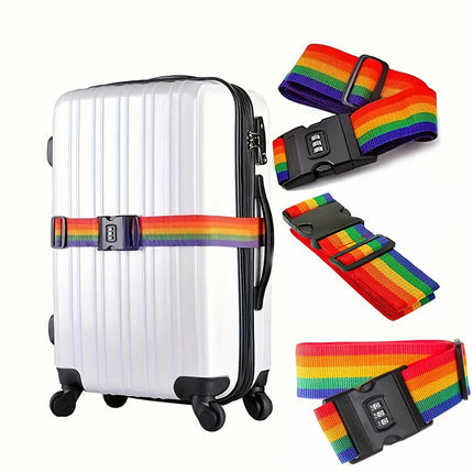 1pc Rainbow Striped Luggage Strap, Adjustable Travel Luggage Packing Strap With Combination Lock