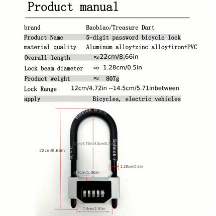 1pc 5-Digit Combination Bike Lock Portable Anti-Theft Security For Bicycle, Motorcycle