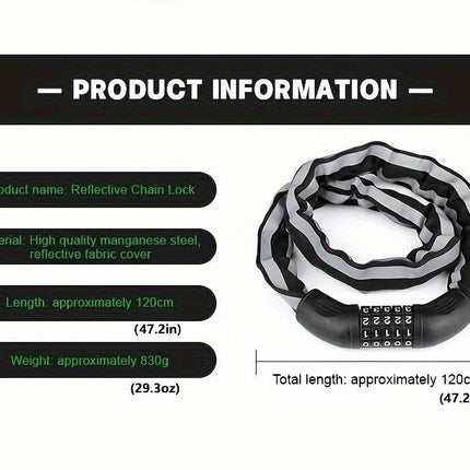 High Security Bike Lock, 5 Password Digital Security Anti-Theft Reflective Chain Lock For E-Bike