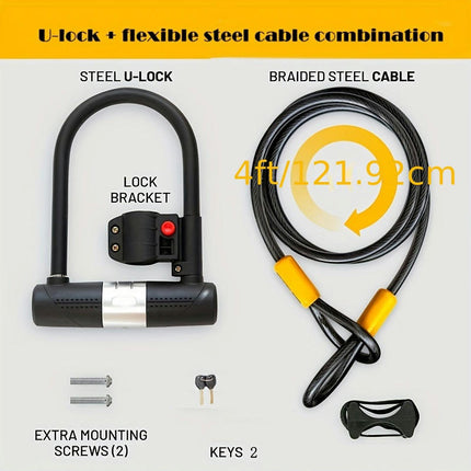 Bike U-lock - Bike Lock Heavy Duty Anti-theft For Mountain Bikes, E-bikes, Motorcycles, Scooters