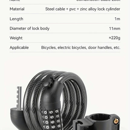 Stainless Steel Bike Lock with 4-Digit Combination - Portable Anti-Theft Chain for Mountain & Bikes