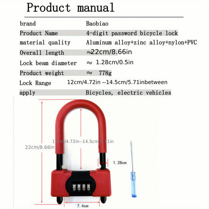 1pc 4-Digit Combination Bike Lock Portable Anti-Theft Security For Bicycle, Motorcycle Scooter