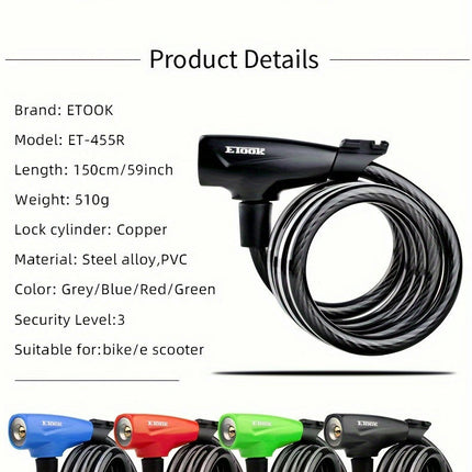 Cable Bike Lock Mechanical Knob Control, Alloy Bolt, Reflective Thickened Steel Cable with PVC Layer