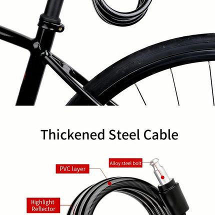 Cable Bike Lock Mechanical Knob Control, Alloy Bolt, Reflective Thickened Steel Cable with PVC Layer