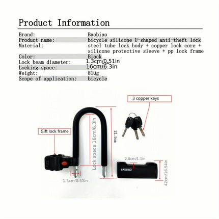 U-Lock Bike Lock, Silicone Covered Iron U-Shaped Anti-Theft with Button Controller, Includes Keys