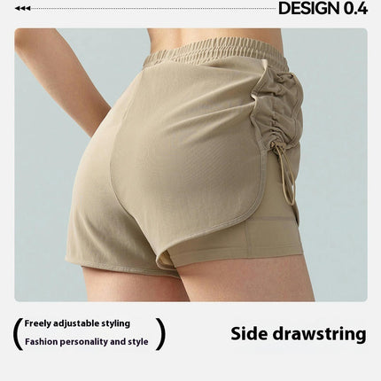 Mesh 2-in-1 Drawstring Sports Shorts Women's High Waist Running Fitness Cycling Pants