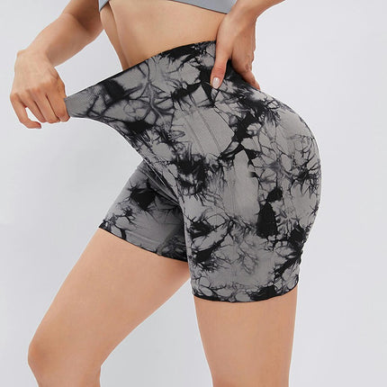 Women's Grey Tie-Dye Yoga Shorts - High Waist Tummy Control Sports Cycling Shorts