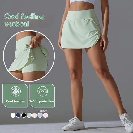 Tennis Skirt High Waist Fake Two-Piece Culottes Women Back Waist Pockets Sports Yoga Skirt