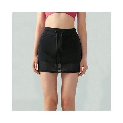 Women's Mesh Fake two-piece Sports Skirt-High Waist Drawstring Slim Tennis Mini Pants Skirt