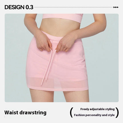 Women's Mesh Fake two-piece Sports Skirt-High Waist Drawstring Slim Tennis Mini Pants Skirt