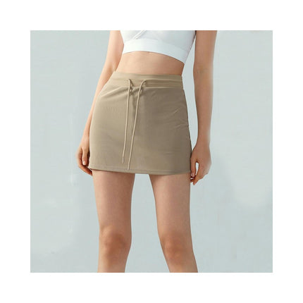 Women's Mesh Fake two-piece Sports Skirt-High Waist Drawstring Slim Tennis Mini Pants Skirt