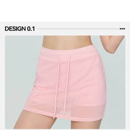 Women's Mesh Fake two-piece Sports Skirt-High Waist Drawstring Slim Tennis Mini Pants Skirt