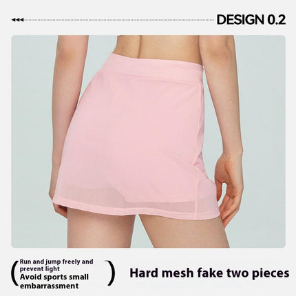 Women's Mesh Fake two-piece Sports Skirt-High Waist Drawstring Slim Tennis Mini Pants Skirt