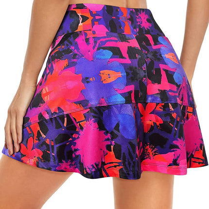 Women's High Waist Printed Tennis Skirt with Pockets Tummy Control Casual Lined Mesh Shorts Skirt