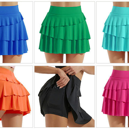 Women High Waist Sports Tennis Skirt - Layered Ruffles Pleated Sports Casual Skirt with Pockets