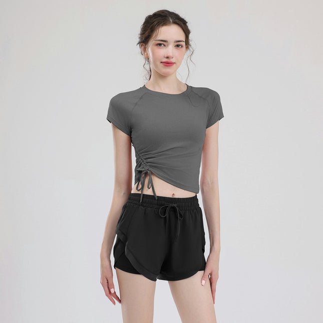 Women's Two-Piece Yoga Set-Drawstring Short Sleeve Top with Lined Cycling Running Shorts