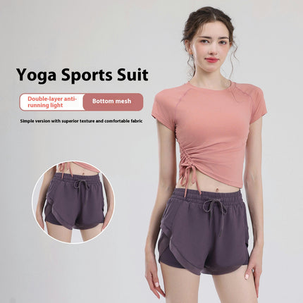 Women's Two-Piece Yoga Set-Drawstring Short Sleeve Top with Lined Cycling Running Shorts