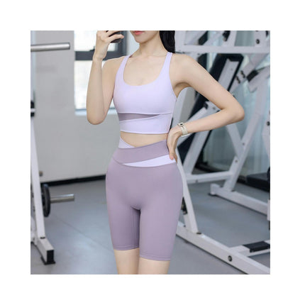 Women's 2-Piece Fitness Set - Colorblocked Vest Sports Bra - Cross Waist Hip-Lifting Cycling Shorts