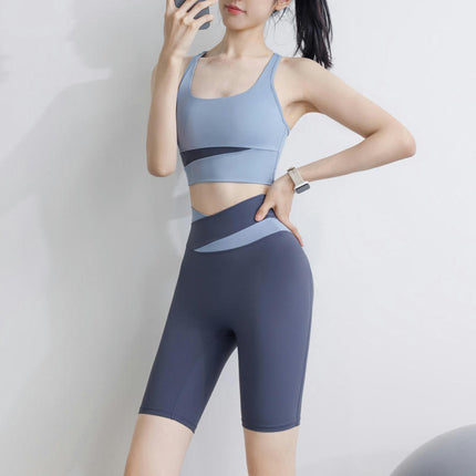 Women's 2-Piece Fitness Set - Colorblocked Vest Sports Bra - Cross Waist Hip-Lifting Cycling Shorts