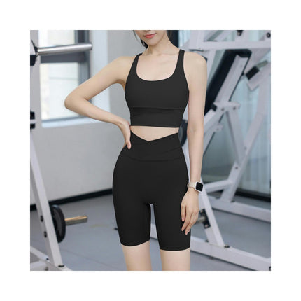 Women's 2-Piece Fitness Set - Colorblocked Vest Sports Bra - Cross Waist Hip-Lifting Cycling Shorts