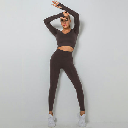 Women Workout Sets 2 Pieces Long Seamless Crop Top High Waist Long Leggings