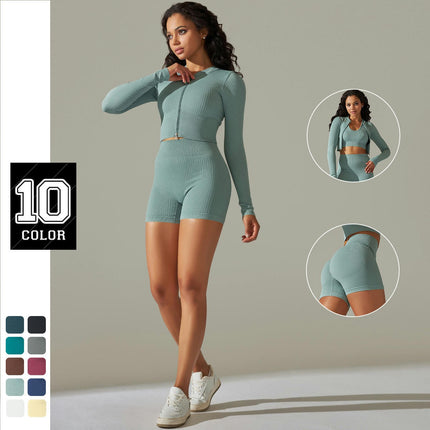 Women Seamless Ribbed Workout Set Long Sleeve Zip-up Top Booty Biker Short Yoga Outfit Set