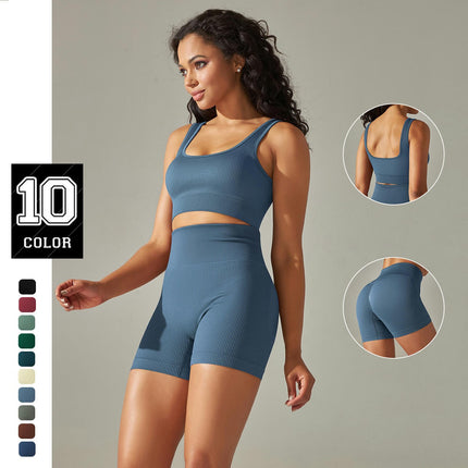 Women's Workout Sets Ribbed Tank 2 Piece Seamless High Waist Gym Outfit Yoga Shorts Sets