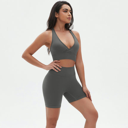 Workout Sets Two Piece Outfits for Women Seamless Racerback Sports Bra with Biker Shorts