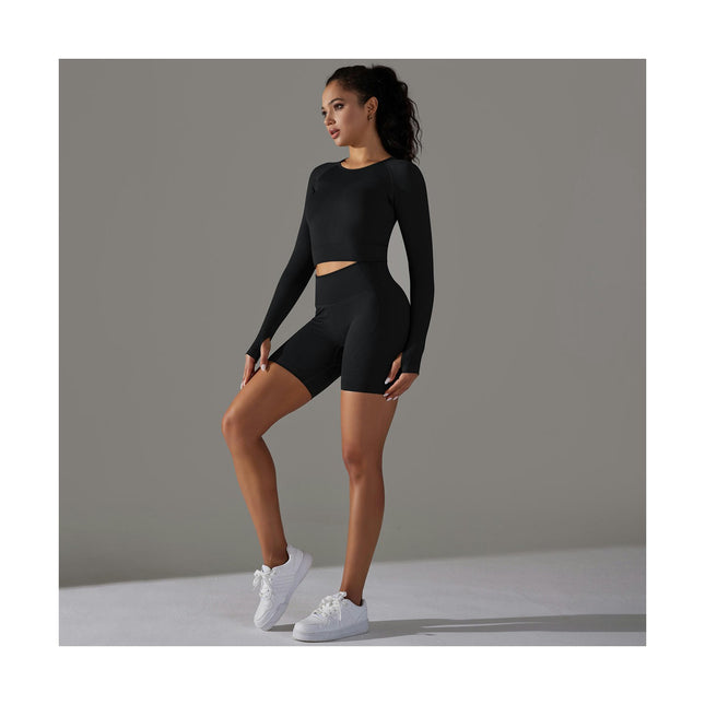 Women's Fitness 2-piece Set Long Sleeve Pullover Top High Waist Shorts Yoga Clothes Set