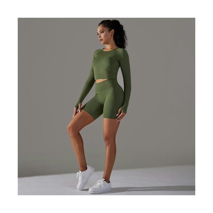 Women's Fitness 2-piece Set Long Sleeve Pullover Top High Waist Shorts Yoga Clothes Set