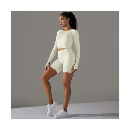 Women's Fitness 2-piece Set Long Sleeve Pullover Top High Waist Shorts Yoga Clothes Set