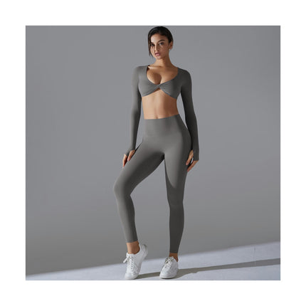 Long Sleeve Workout for Women Gather Crop Tops High waist Leggings 2 Pieces Sets