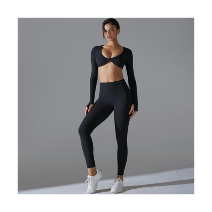 Long Sleeve Workout for Women Gather Crop Tops High waist Leggings 2 Pieces Sets