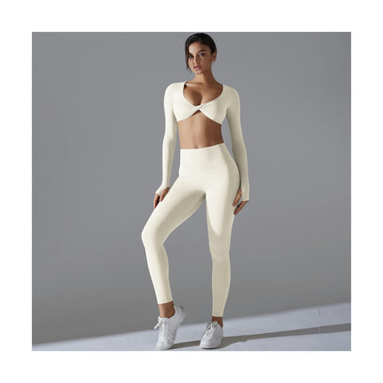 Long Sleeve Workout for Women Gather Crop Tops High waist Leggings 2 Pieces Sets