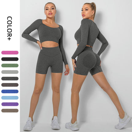 Long Sleeve Workout Shirt for Women Short Tops Tummy Control Leggings Fitted 2 Pieces Sets