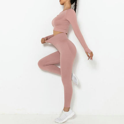 Long Sleeve Workout Shirt for Women Crop Tops Tummy Control Leggings Fitted 2 Pieces Sets