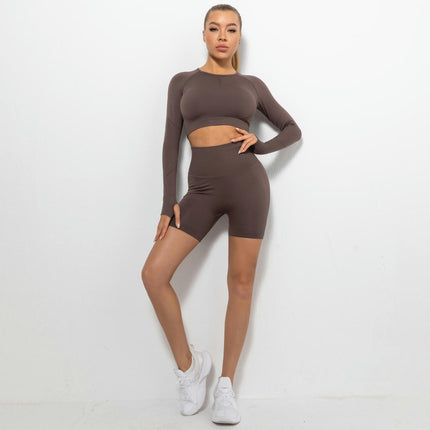 Yoga Sets for Women 2 Piece Round Neck Long Sleeve Crop Tops High Waist Biker Shorts Gym Sets