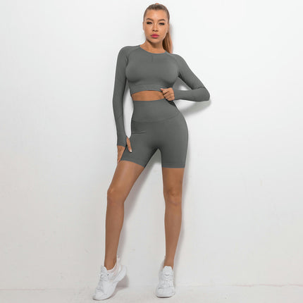 Yoga Sets for Women 2 Piece Round Neck Long Sleeve Crop Tops High Waist Biker Shorts Gym Sets