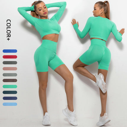 Yoga Sets for Women 2 Piece Round Neck Long Sleeve Crop Tops High Waist Biker Shorts Gym Sets