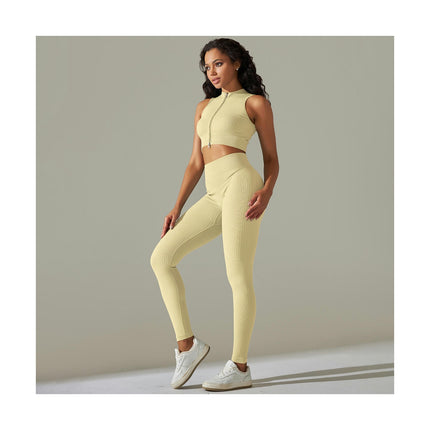 Women Seamless Yoga Set 2 Piece Sleeveless zipper crop top with High Waist Shorts Legging Outfit