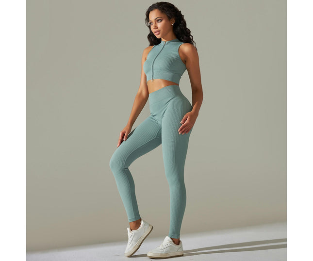 Women Seamless Yoga Set 2 Piece Sleeveless zipper crop top with High Waist Shorts Legging Outfit